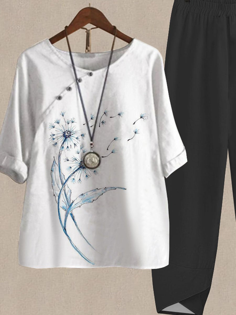 Watercolor Dandelion Print Casual Two Piece Set