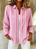 Women'S Pink Striped Printed Lapel Long Sleeved Shirt