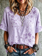 Women'S Cotton Linen Flower Short Sleeve Cotton Linen Shirt