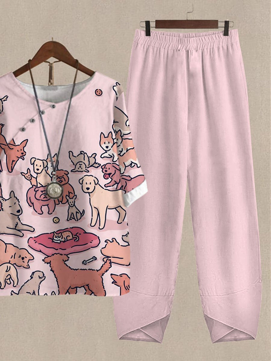 Fun Animal Family Print Casual Two Piece Suits