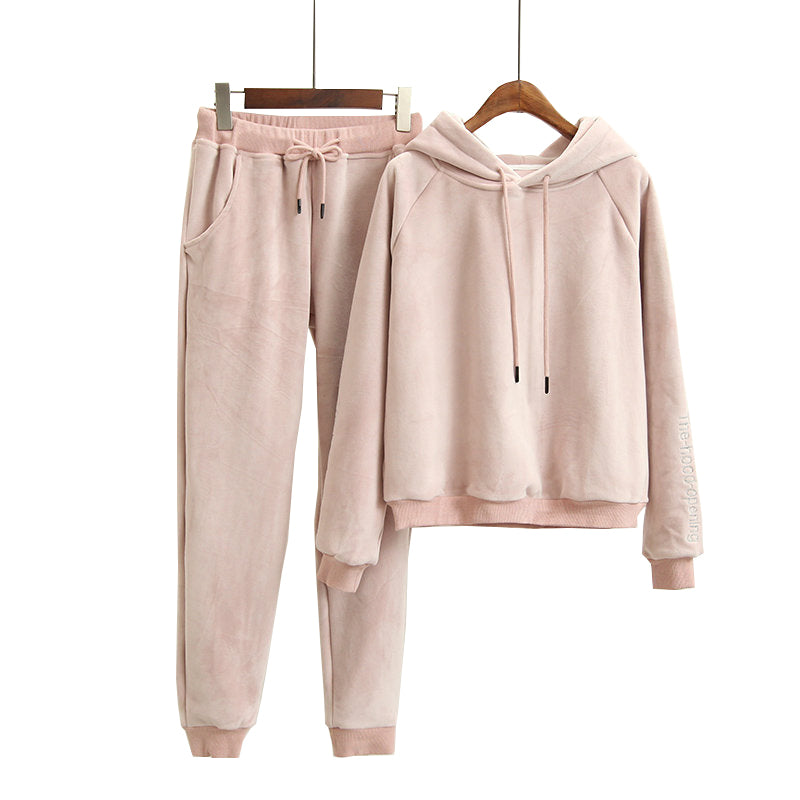 2020 Autumn Women Hoodies Hooded Long Sleeve Women Pink Hoodies Suits Elastic Pants Two Pieces Women Warm Pullovers
