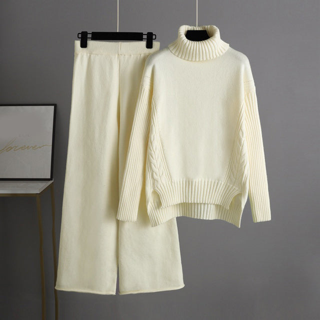 Knitted Women Casual Wide Leg Pants Two Piece Set Loose Button Design Pullover And Drawstring Trouser Ladies Suit Winter Fashion