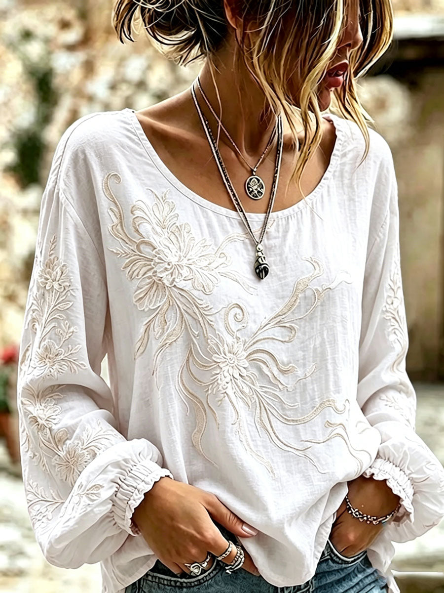 Women'S Casual Floral Cotton Linen Long Sleeved Shirt