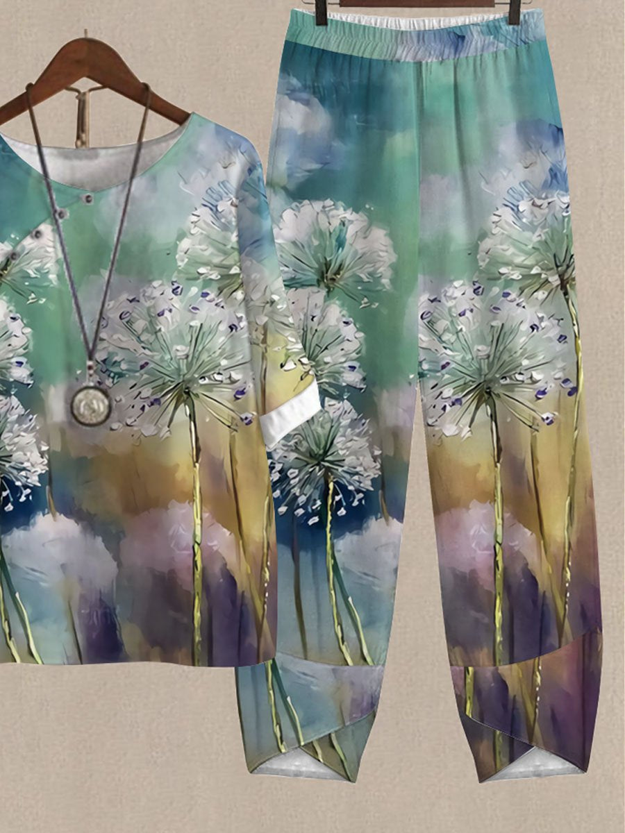Oil Painting Dandelion Print Top And Pants Two-piece Suits