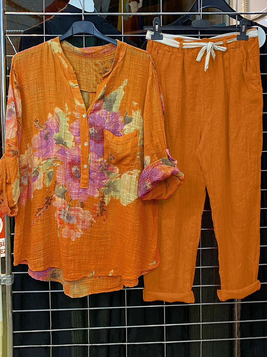 Button-Up V Neck Printed Top With Pants Two-piece Set