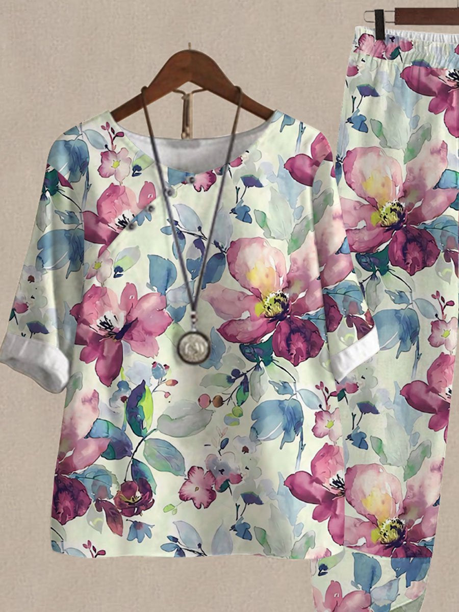 Watercolor Botanical Print Top And Pants Two-piece Suits