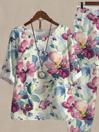 Watercolor Botanical Print Top And Pants Two-piece Suits