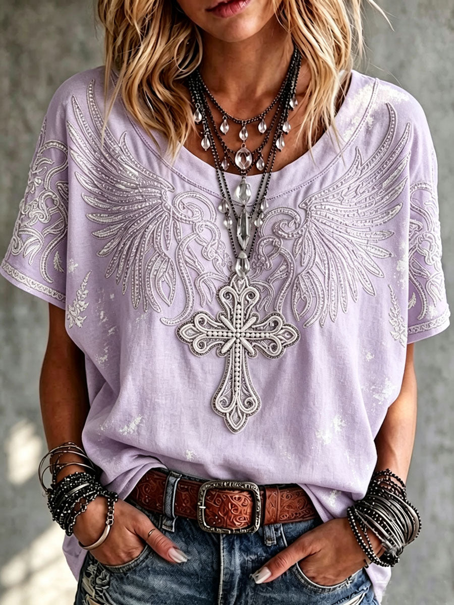 Women's Vintage Cotton-Linen Top with Wing and Cross Motif