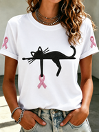 Women'S Pink Ribbon Cat Print Breast Cancer Awareness Short-Sleeved T-Shirt