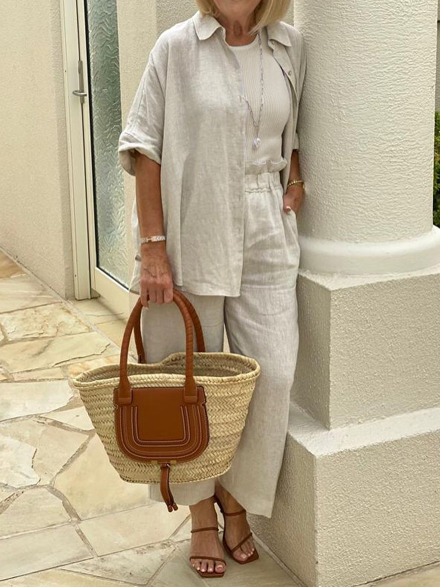 Solid Color Lapel Top And Wide Leg Pants Two-piece Set