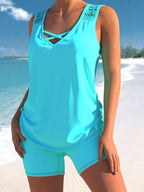Lace Patchwork Cross Strap Tankini Set