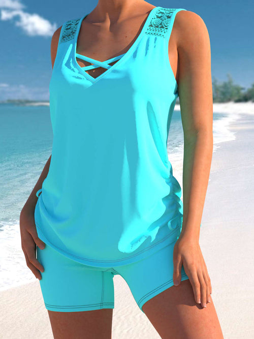Lace Patchwork Cross Strap Tankini Set