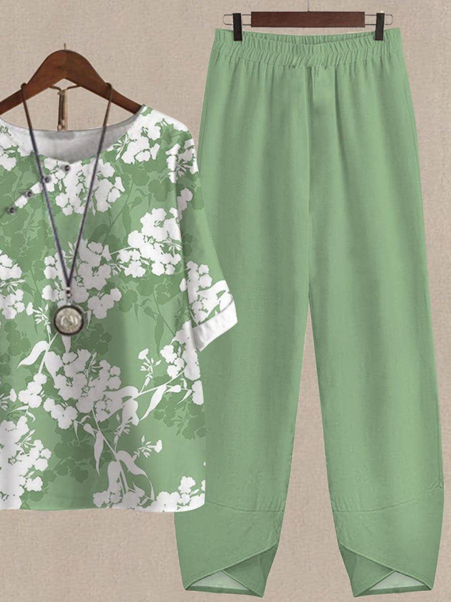 Botanical Floral Print Casual Two-piece Suits