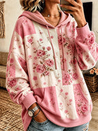 Women's Vintage Rose Floral Patchwork Drawstring Pocket Hoodie