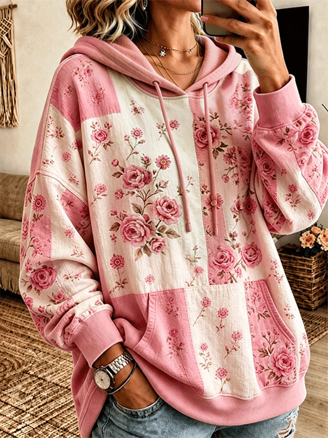 Women's Vintage Rose Floral Patchwork Drawstring Pocket Hoodie