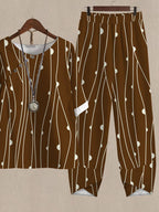 Vintage Line Print Casual Two Piece Suits