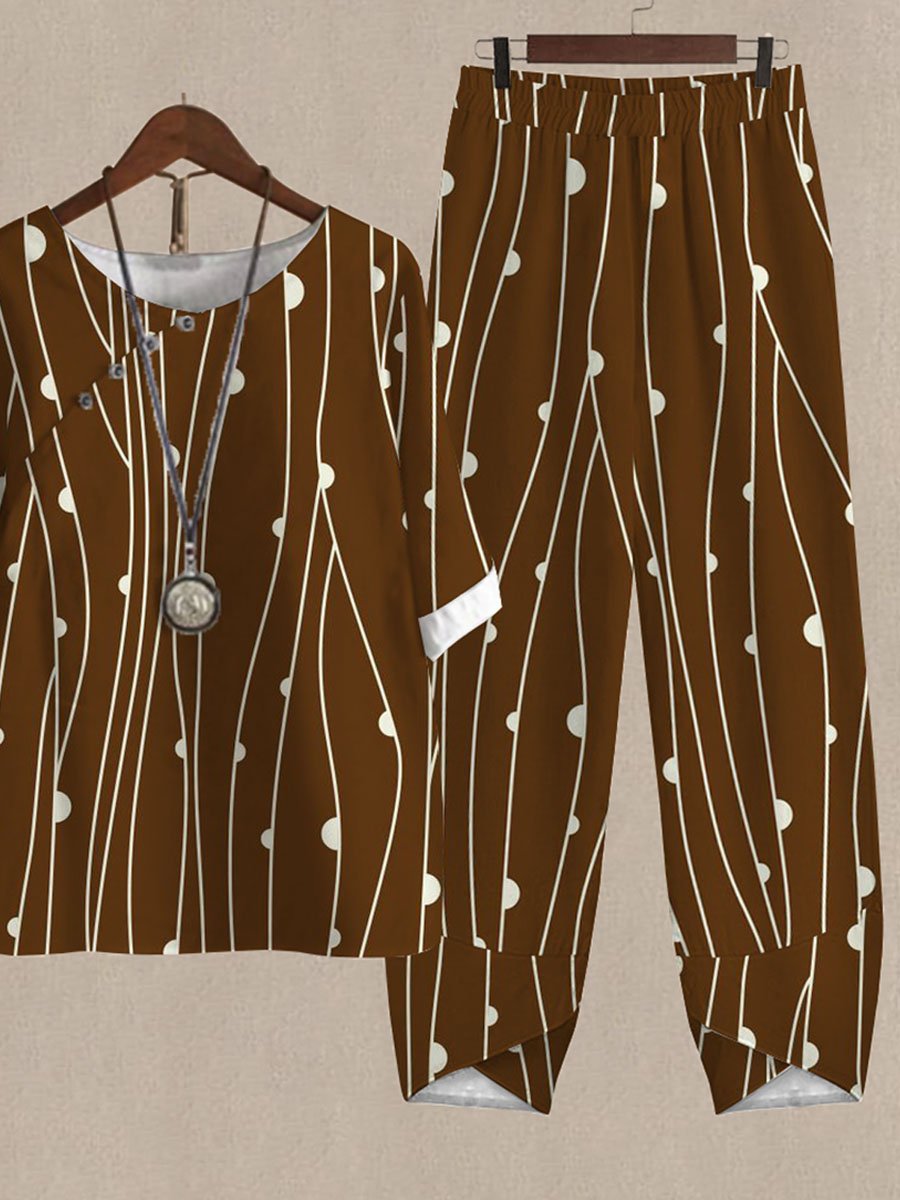 Vintage Line Print Casual Two Piece Suits