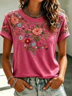 Women'S Casual Pink Floral Short Sleeved T-Shirt