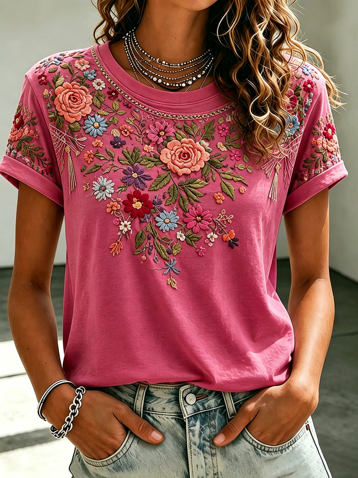 Women'S Casual Pink Floral Short Sleeved T-Shirt