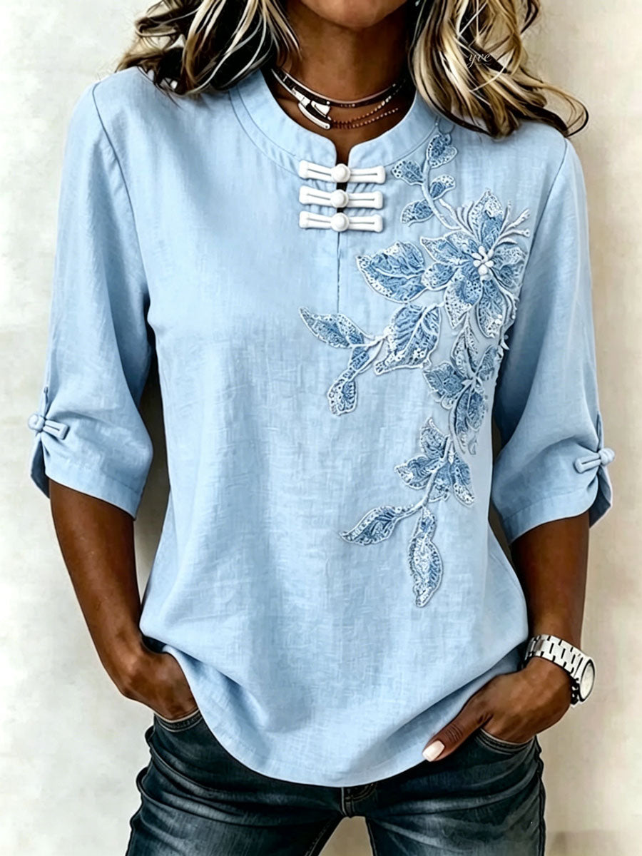 Women'S Cotton Linen Flower Pattern Three Quarter Sleeve Button Top