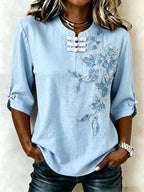 Women'S Cotton Linen Flower Pattern Three Quarter Sleeve Button Top