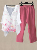Women's Floral Print Shirt Collar Top And Casual Pants Linen Two Pieces