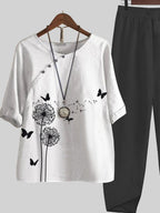 Dandelion Butterfly Print Top And Pants Two-piece Suits