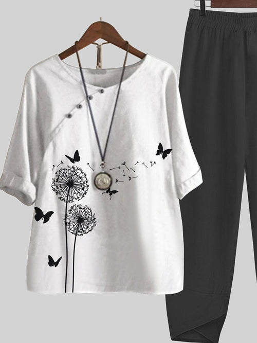 Dandelion Butterfly Print Top And Pants Two-piece Suits