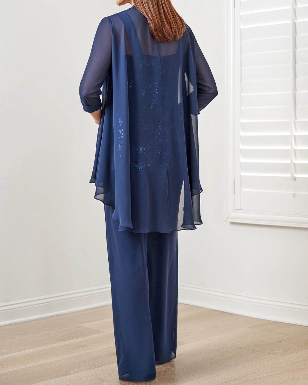 Embroidered Top Chiffon Long Pants Three Piece Suits