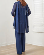 Embroidered Top Chiffon Long Pants Three Piece Suits