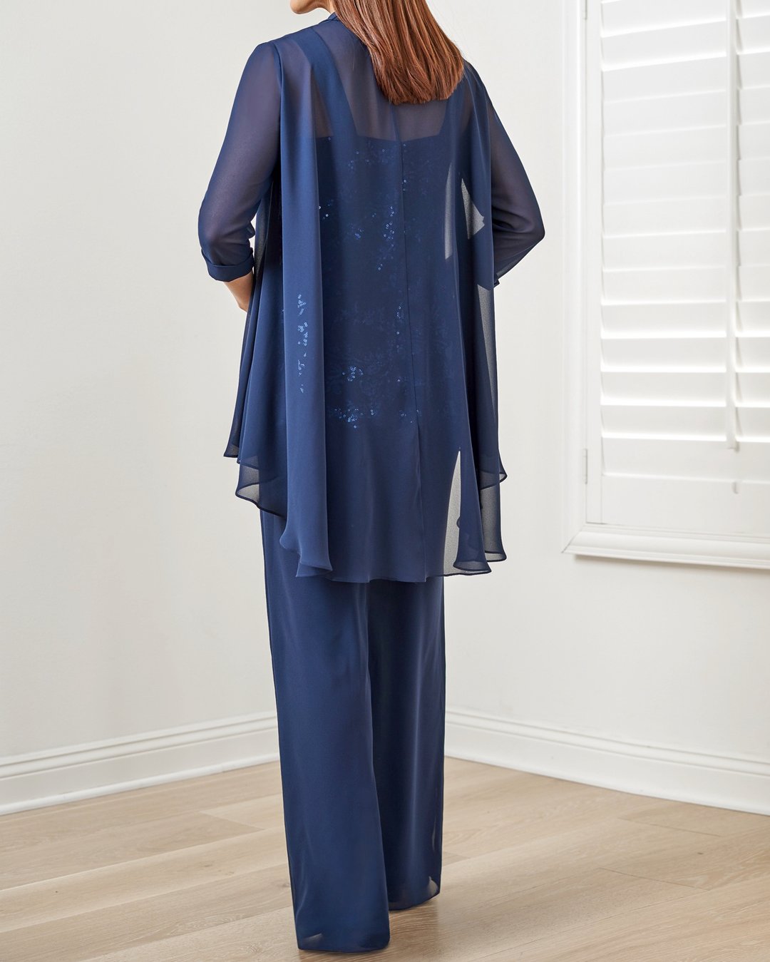 Embroidered Top Chiffon Long Pants Three Piece Suits