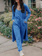 Women Casual Pure Color U Neck Three Piece Suit