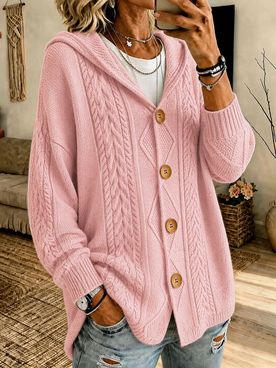 Ladies' Casual Striped Knitted Hooded Long Sleeved Cardigan
