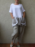 Cotton And Linen Short Sleeve Big Pocket Women's Suit