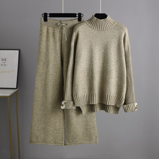 Knitted Women Casual Wide Leg Pants Two Piece Set Loose Button Design Pullover And Drawstring Trouser Ladies Suit Winter Fashion