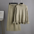 Knitted Women Casual Wide Leg Pants Two Piece Set Loose Button Design Pullover And Drawstring Trouser Ladies Suit Winter Fashion