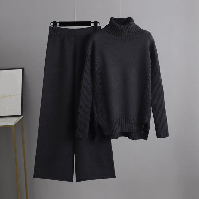 Knitted Women Casual Wide Leg Pants Two Piece Set Loose Button Design Pullover And Drawstring Trouser Ladies Suit Winter Fashion