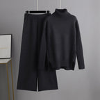 Knitted Women Casual Wide Leg Pants Two Piece Set Loose Button Design Pullover And Drawstring Trouser Ladies Suit Winter Fashion