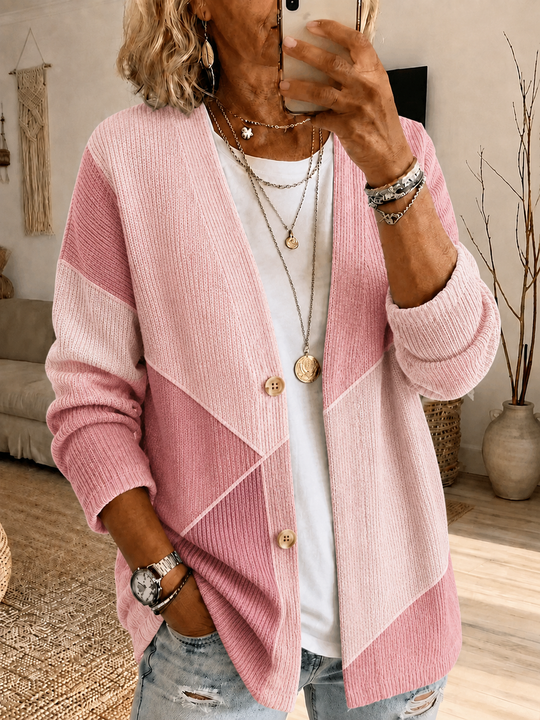 Women's Casual Geometric Color Block Splicing Knitted Cardigan