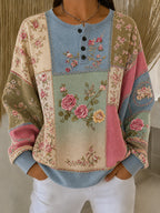 Women'S Floral Henry Collar Casual Long Sleeved Sportswear