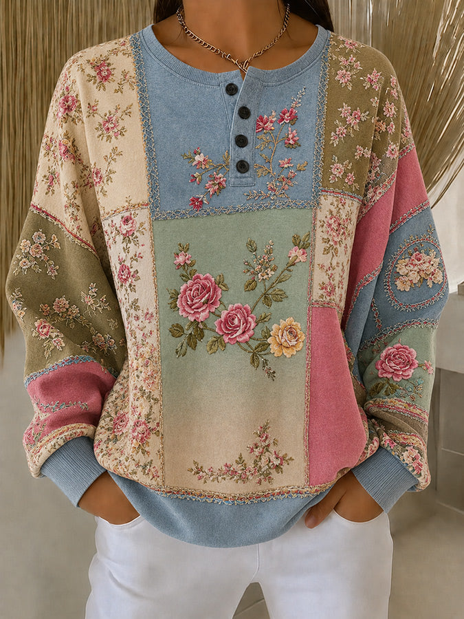 Women'S Floral Henry Collar Casual Long Sleeved Sportswear