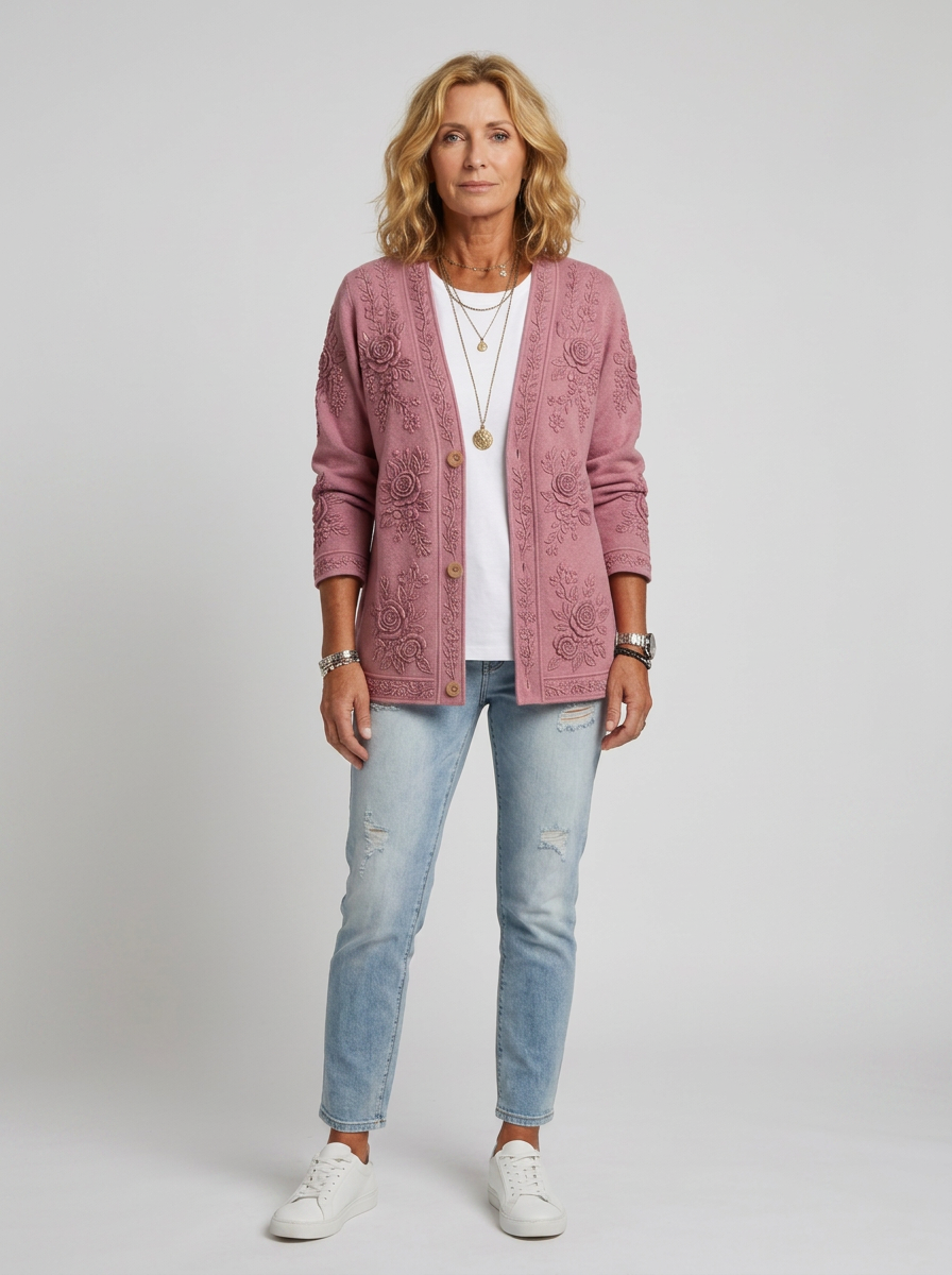 Women's Breast Cancer Awareness Pink Floral Embossed Printed Cardigan