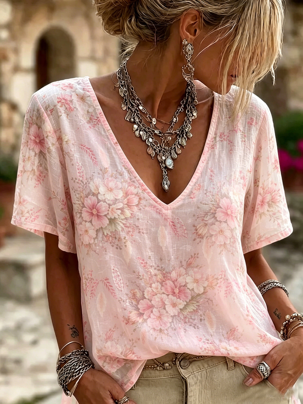 Women's Comfortable Floral Cotton Linen V-Neck T-Shirt