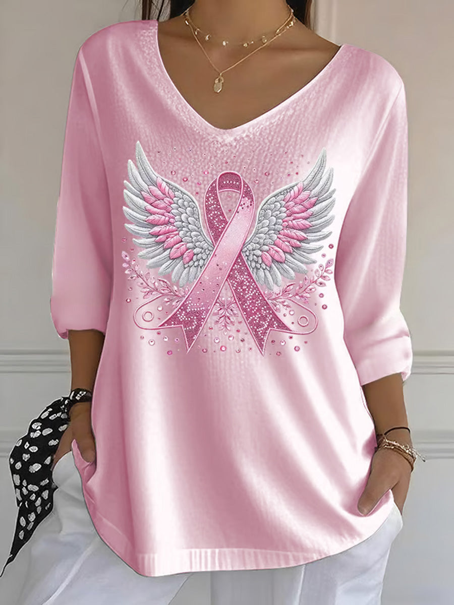 Women'S Pink Floral Printed V Neck 3/4 Sleeve Casual Tee