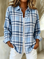 Women's Pink Plaid Print Lapel Long Sleeve Shirt