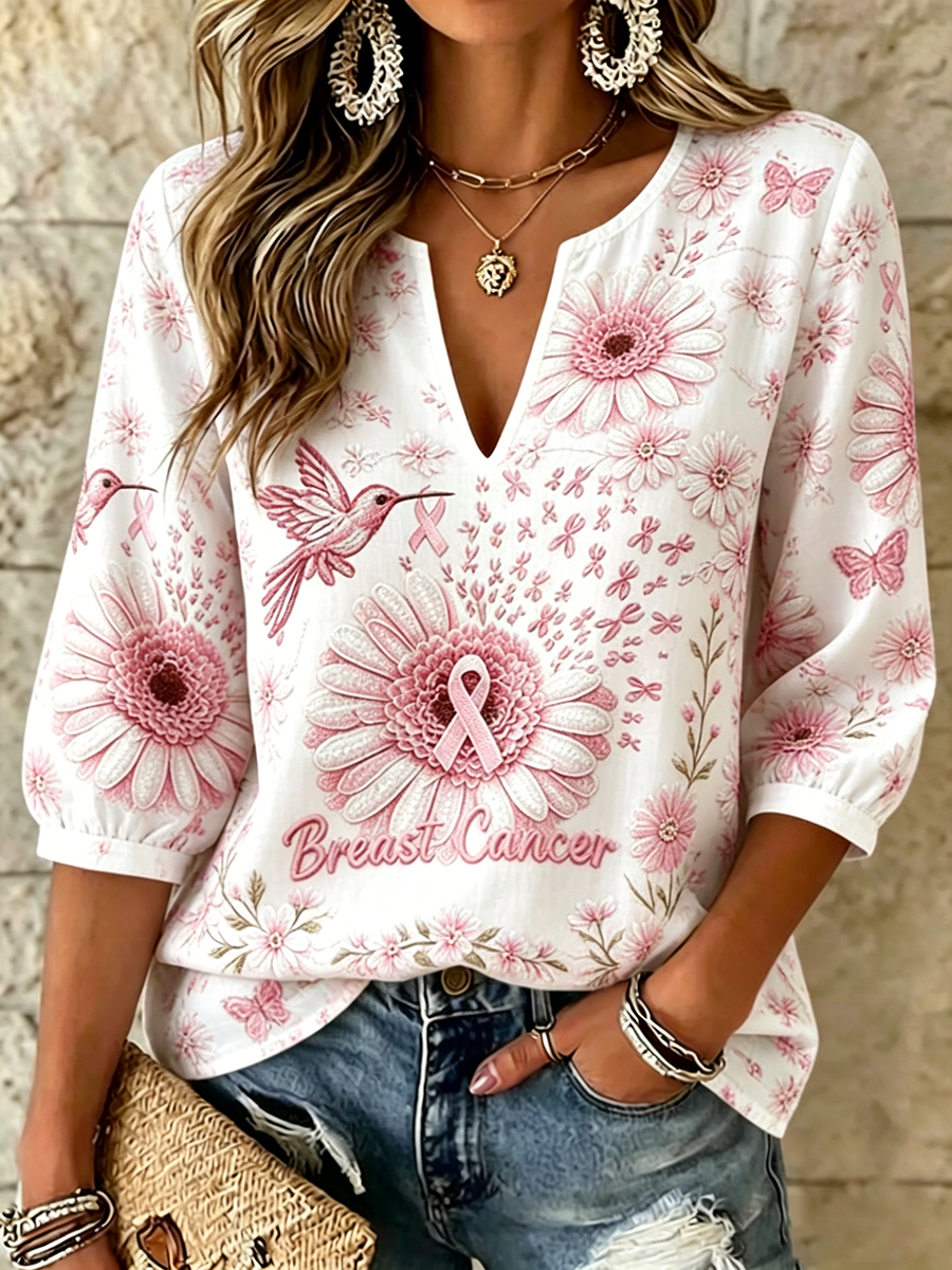 Women's Casual Breast Cancer Awareness Pink Flower Top