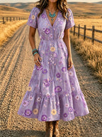 Women'S Western Style V-Neck Short Sleeved Floral Pattern Dress