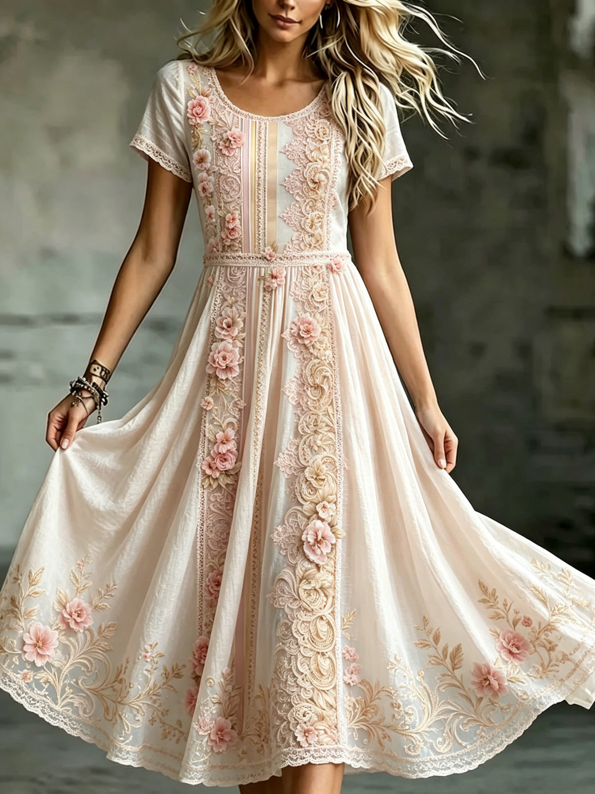 Women's Retro Rose Color Block Pattern Casual Dress