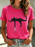 Women'S Pink Ribbon Cat Print Breast Cancer Awareness Short-Sleeved T-Shirt