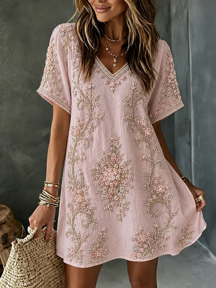 Women's Retro Floral Embroidered Art V-neck Short Sleeve Midi Dress